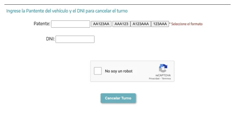 Pantalla para cancelar el turno de la VTV en Pergamino con patente y DNI