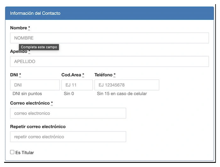 Paso 2 para sacar turno de la VTV en Pergamino: información del contacto